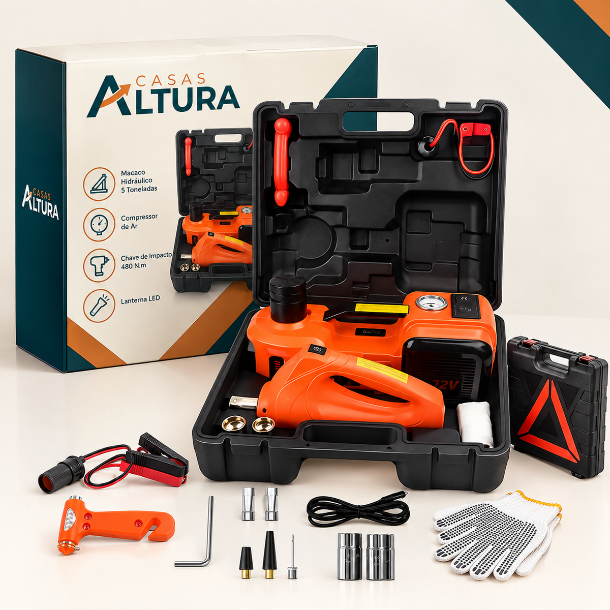 Kit Macaco Elétrico 4 em 1 — Compressor de Ar, Chave de Impacto 480 N.m, Lanterna LED e Macaco Hidráulico 5 Toneladas + Par de Luvas + Martelo de Segurança