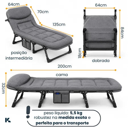 Cama Dobrável Portátil Espreguiçadeira Suporta 160kg com Travesseiro Embutido